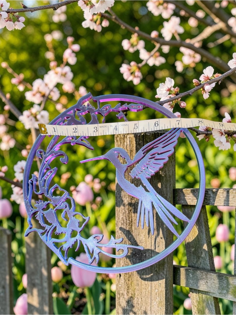 3D Printed Iridescent Hummingbird Metal Wall Art - Purple/Blue/pink trio